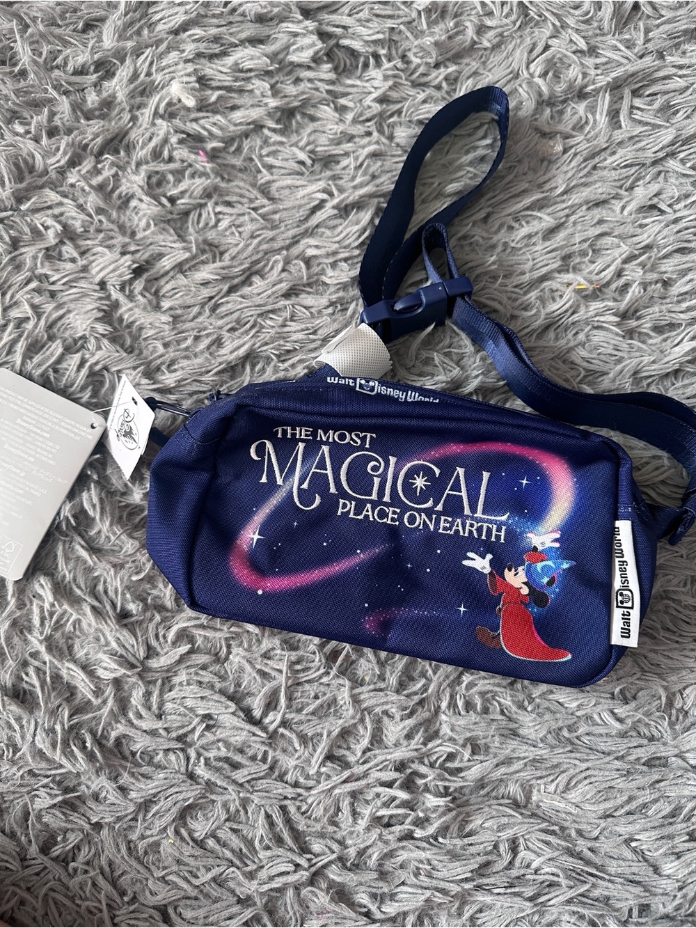 Disney Navy and White Crossbody Bag with Sorcerer Mickey Tag